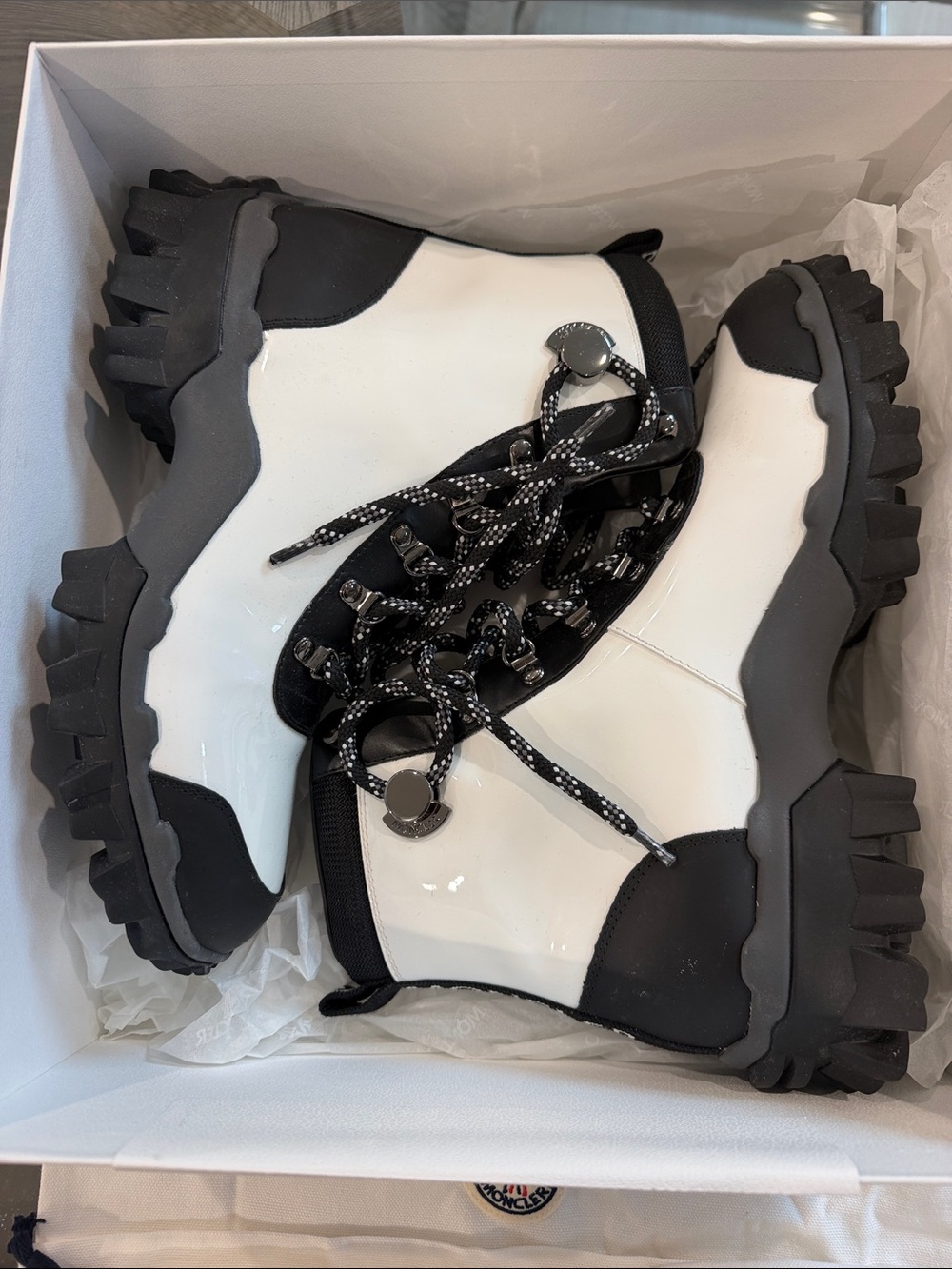 Moncler Black and White womans Lace-Up Chunky Hiker Boots new!!  Size 39.5
